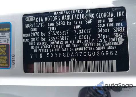 2016 Kia Sorento 2.4L Lx из США, поврежденный, VIN 5XYPGDA37GG036962